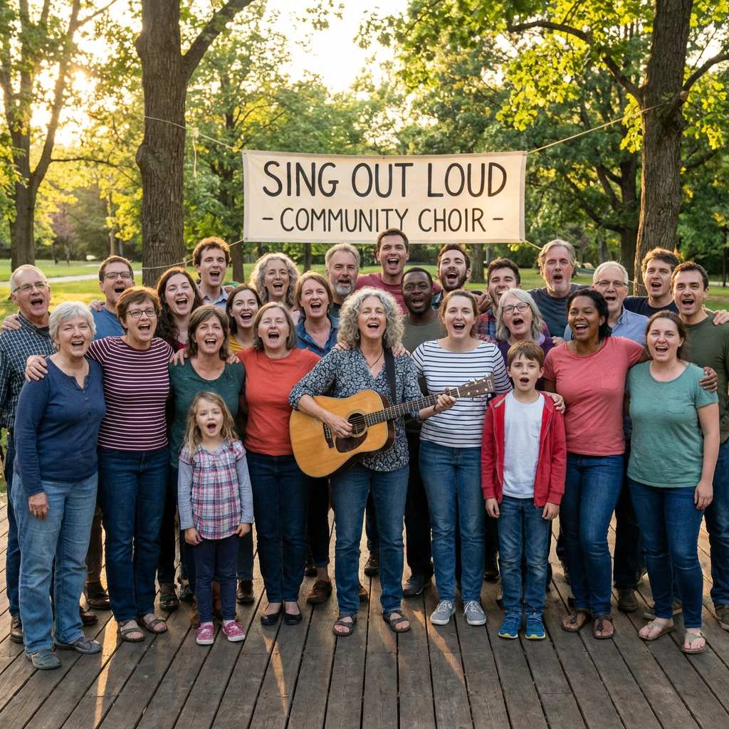 Diverse community choir singing outdoors under a banner reading SING OUT LOUD - COMMUNITY CHOIR -.