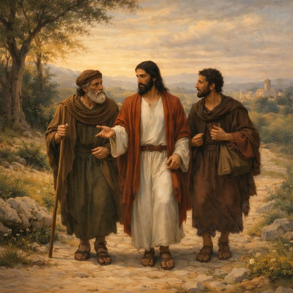 Jesus in white and red robes walking with two men in brown robes on a rocky trail