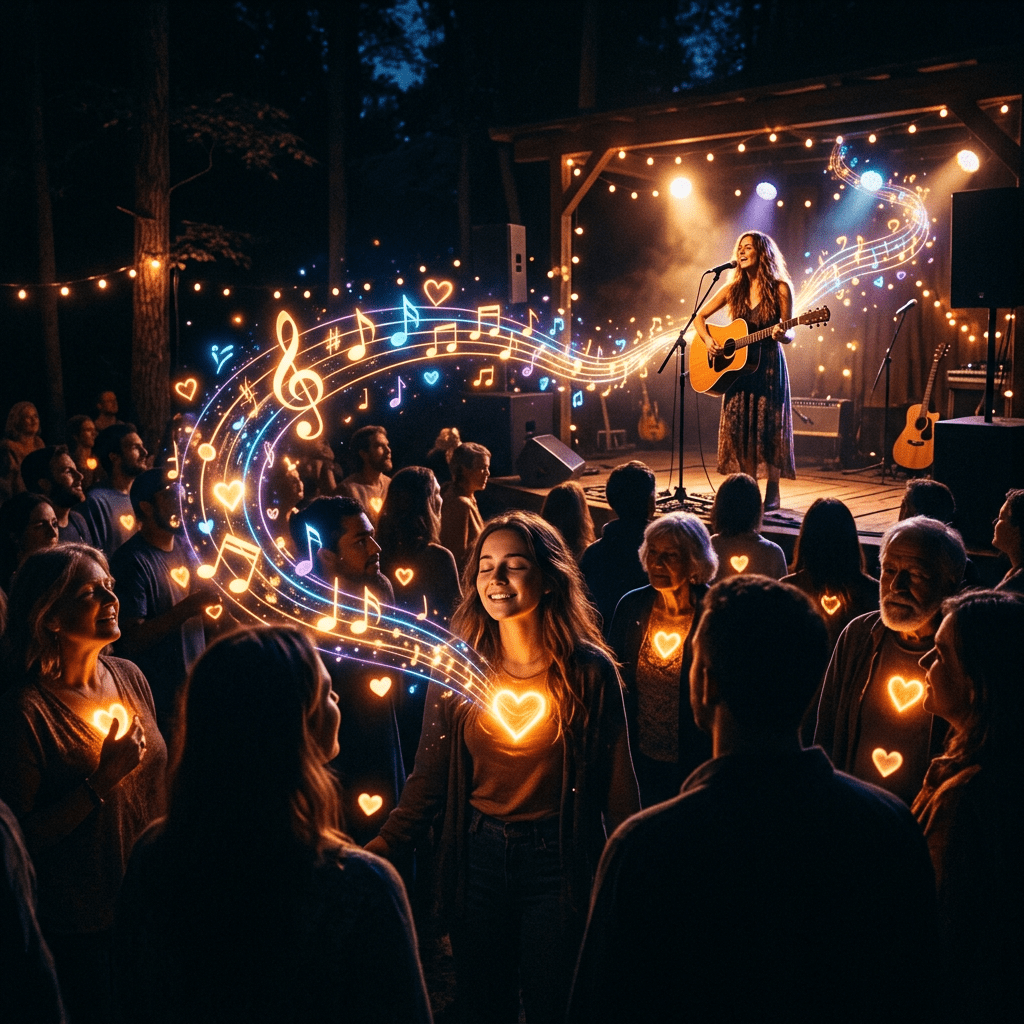 Singer playing guitar at an outdoor nighttime concert with glowing music notes and hearts connecting to audience