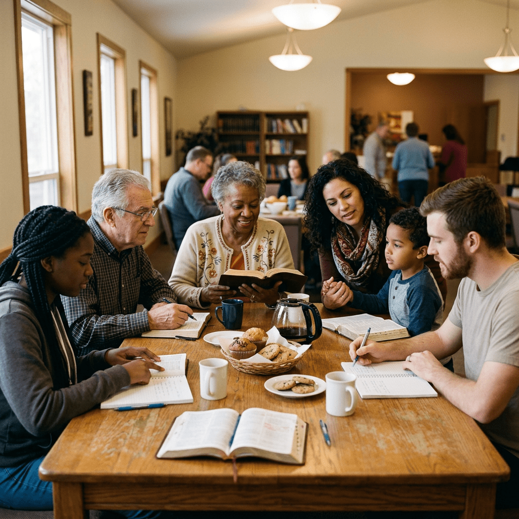 Group of people of various ages studying the Bible around a wooden table with coffee and snacks