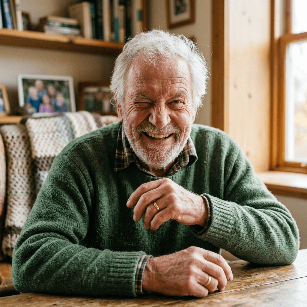 Elderly man with white hair and beard smiling and winking indoors.