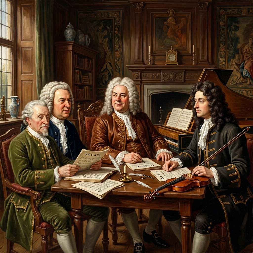 Three men in Baroque costumes reviewing sheet music around a table with a violin and harpsichord